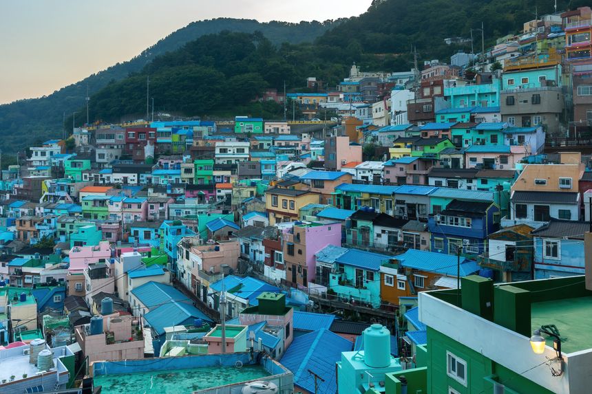 Brightly painted houses stacked in tiers up the hillside at Gamcheon, Busan.